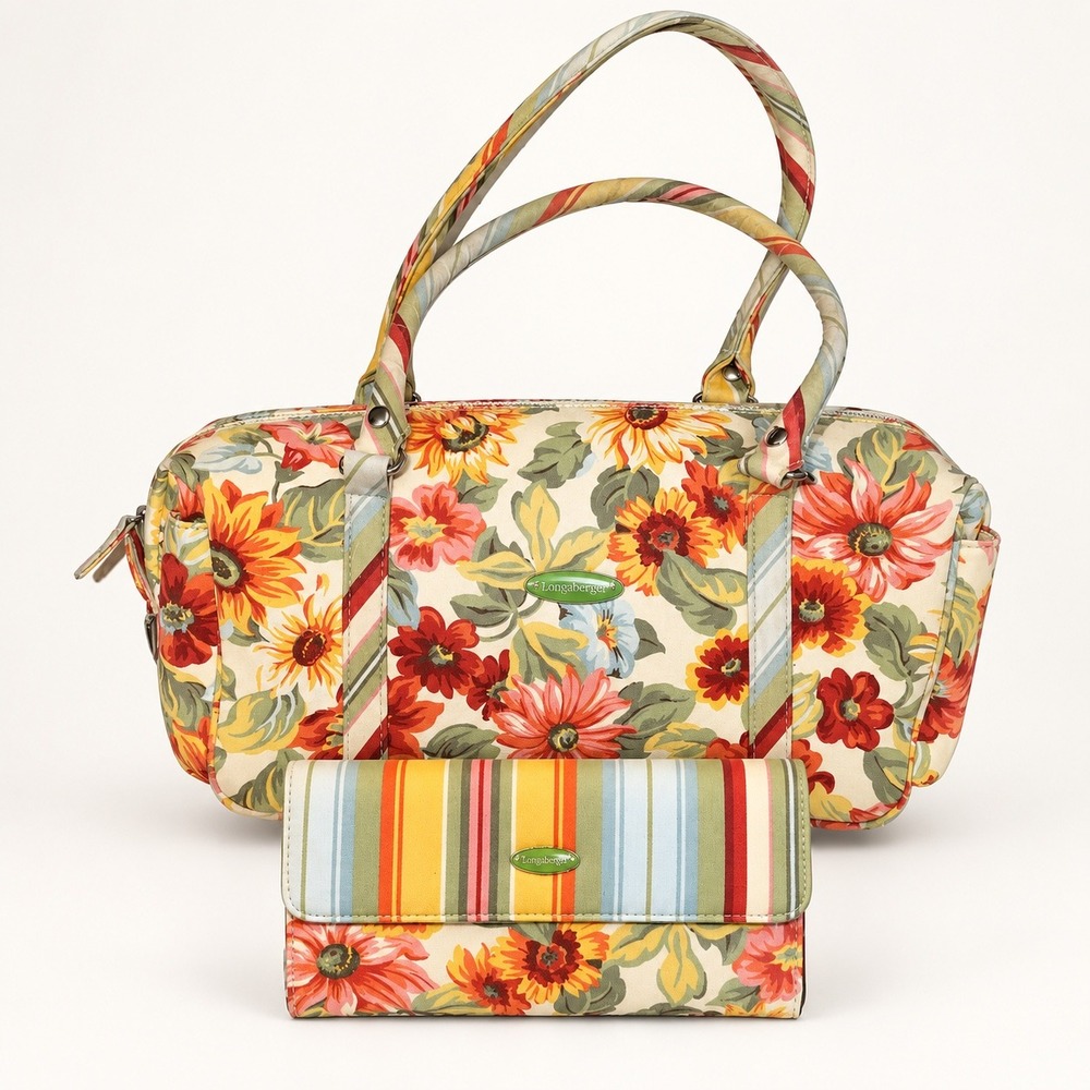 Longaberger Homestead Daisy Floral Floral Handbag Wallet Set Large Cottagecore